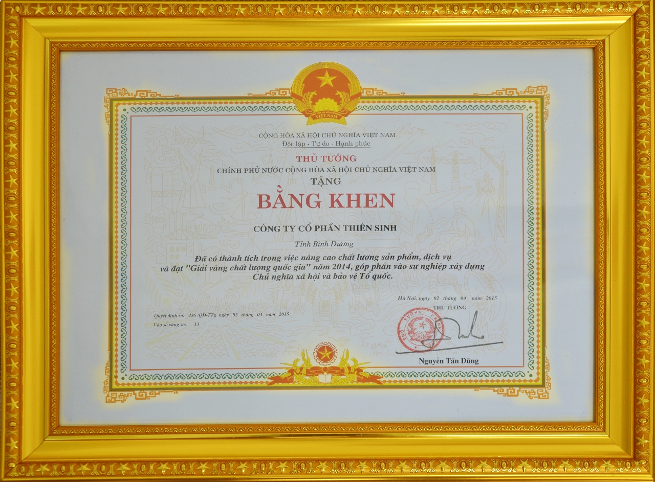 Bằng khen của Thủ Tướng Chính Phủ trao tặng cho Công ty Cổ Phần Thiên Sinh